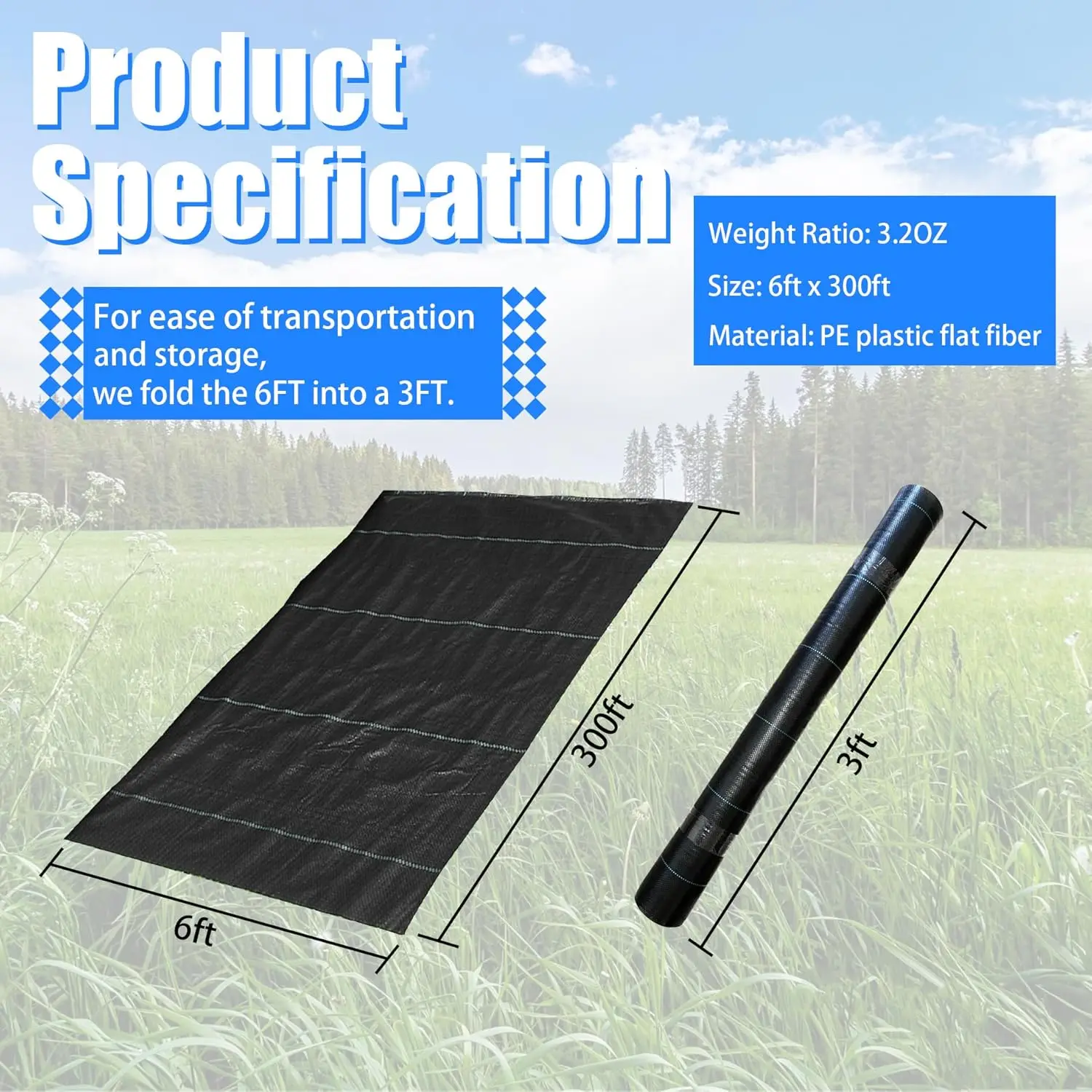 Weed Barrier    6x300ft, Polyethylene Weed Block   , Long-Term Use, Flexible, Breathable, Water Permeable, 3.2oz Premium