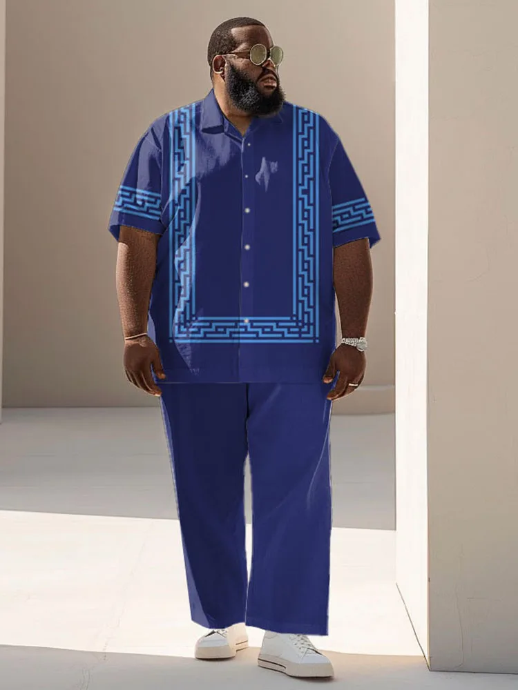 L-9XL Short sleeved Shirt and Long Pants Set Plus Size Men Business Simple Vintage Greek Key Print Two Piece Set ZOOY