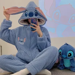 Cartoon Disney pajamas winter cotton plush hooded long-sleeved trousers casual two-piece set Stitch loungewear women's pajamas