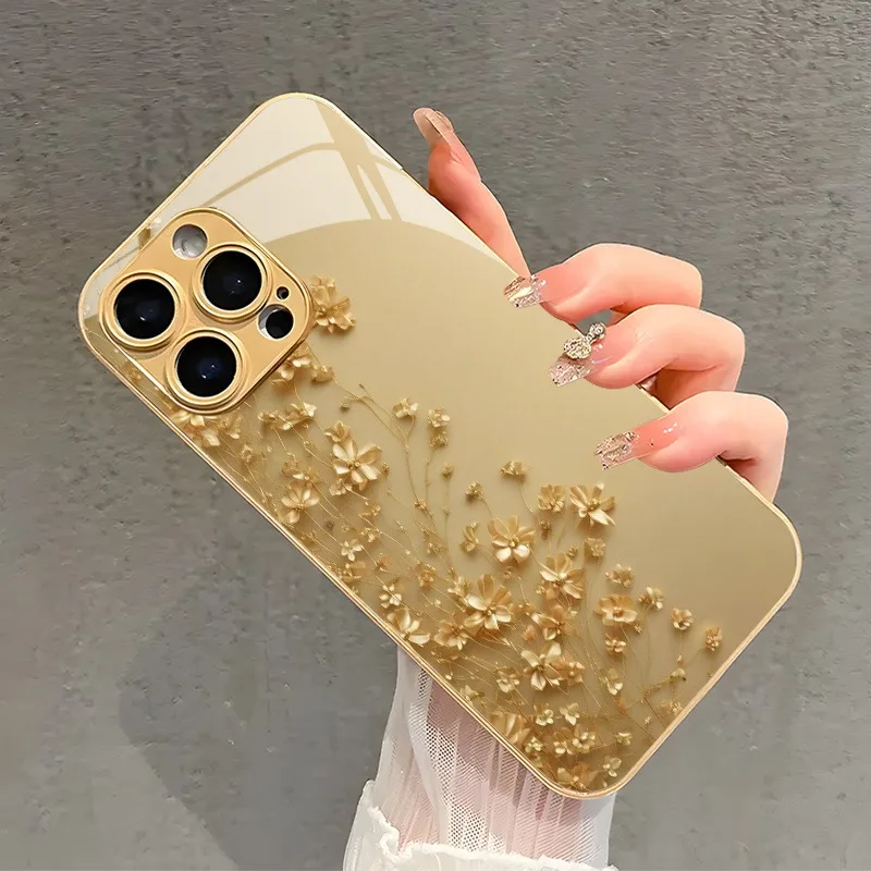 Eleganckie etui na telefon ze szkła hartowanego ze złotym wzorem małych kwiatów dla Samsung Galaxy S25 Ultra S24 S23 Plus S25 FE S23Ultra Cover — zdjęcie produktu 4