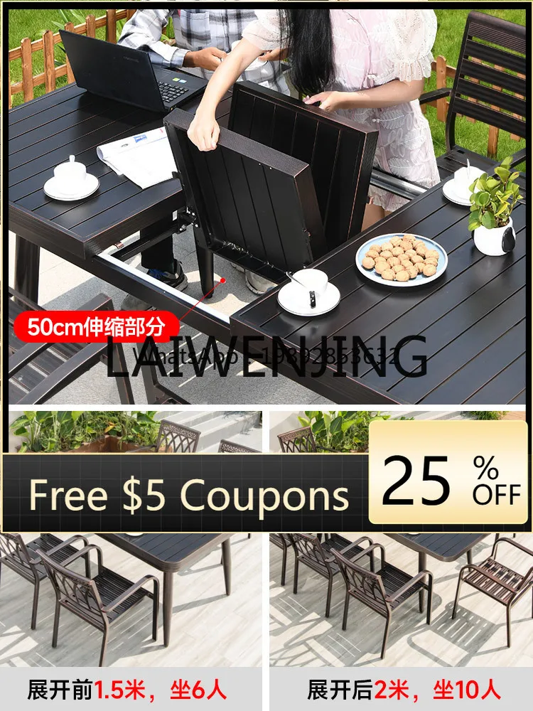 

6 Outdoor Aluminum Courtyard European Style Villa Iron Cast Aluminum Terrace Outdoor Retractable Long Table