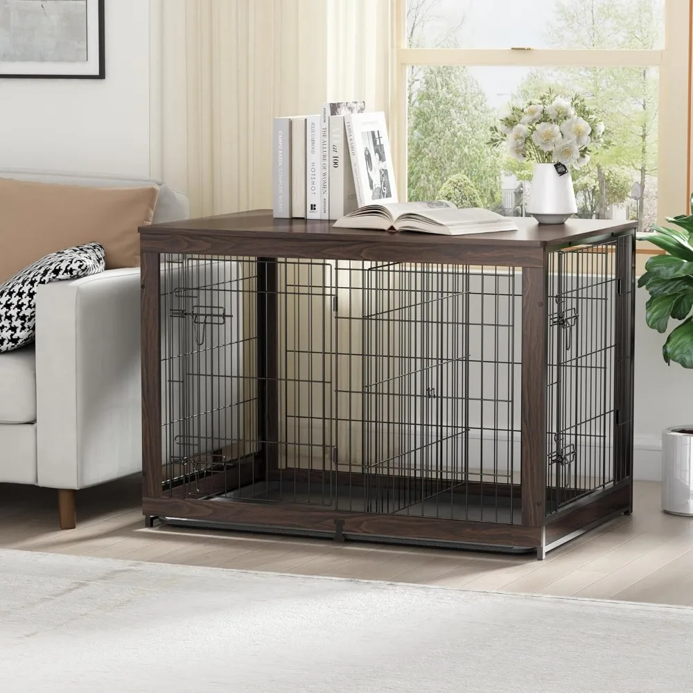 wooden dog crate furniture with divider panel, dog crate end table with fixable slide tray, double doors dog kennel indoor for