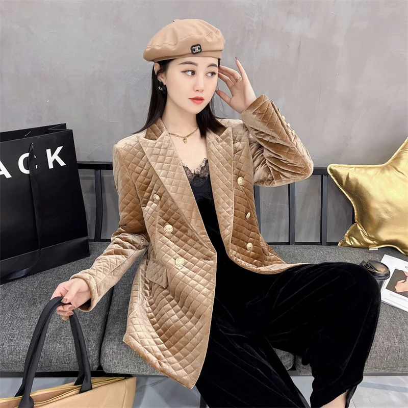 2023 Autumn/Winter New Velvet Plus Cotton Coat Women Double Row Metal Button Slim Warm Winter Cotton Coat Female High end Coat