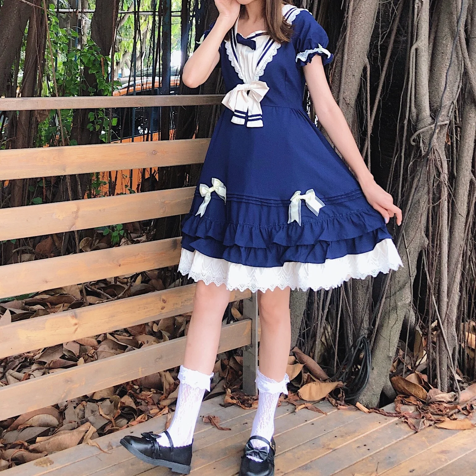 Lolita Lively and Cute lace Bow Dress Summer College Style Princess Dress Sailor Daily Short Skirt