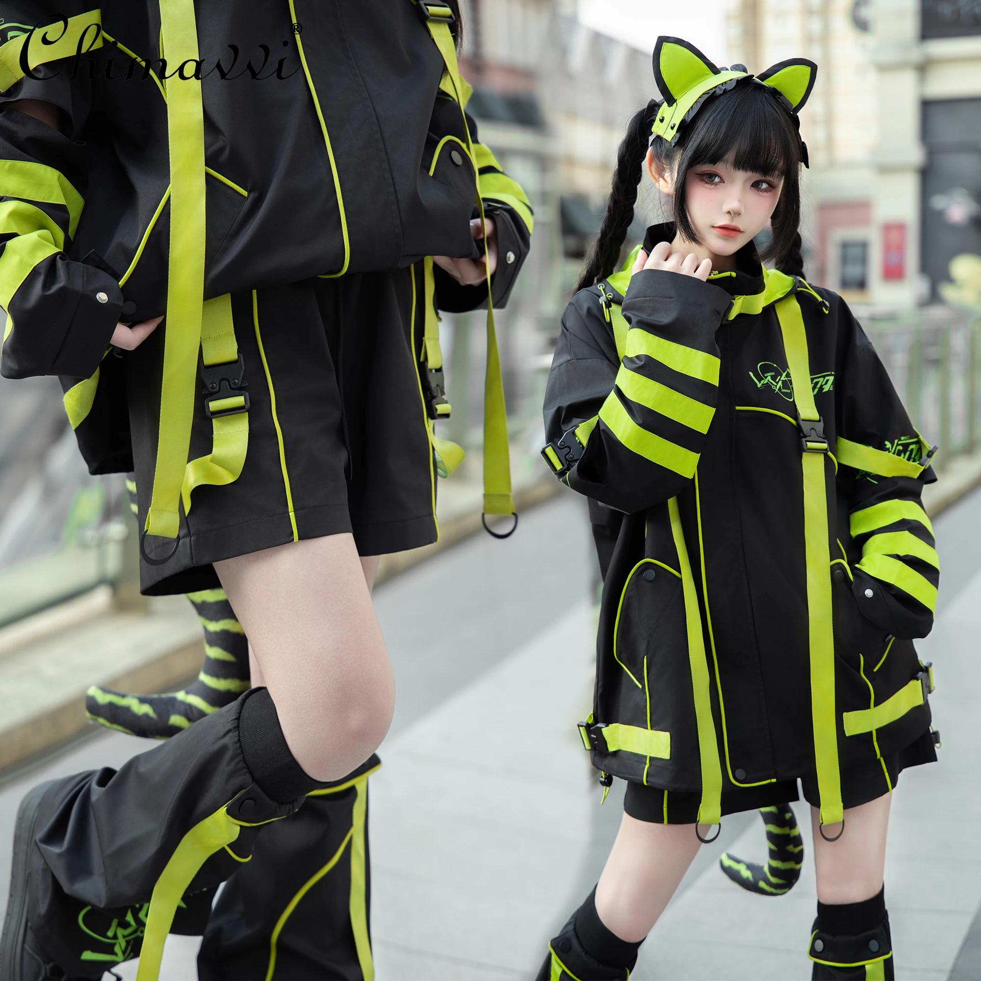 

Functional Style Cos Japanese New Sweet Cool Girl Cat Ear Hooded Jacket Long Sleeve Jacket Shorts and Pants 2D Women's Outfits