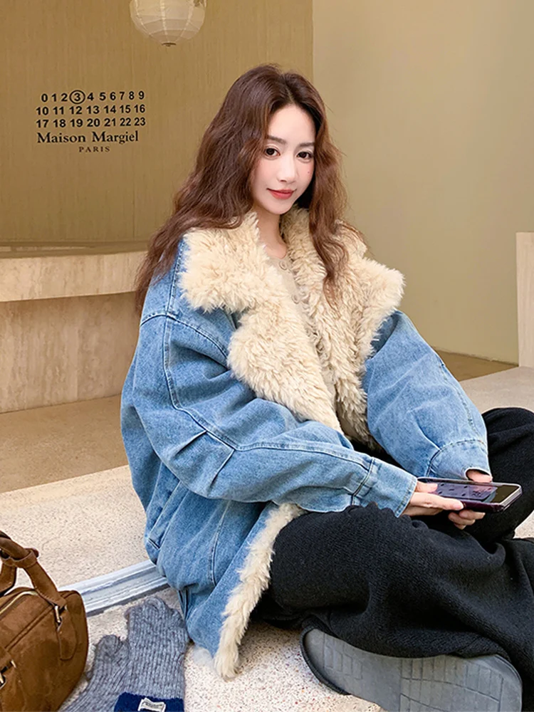 여성용 양털 칼라 데님 다운 재킷 따뜻한 패션 캐주얼 루즈핏 화이트 다운 아우터웨어 코트