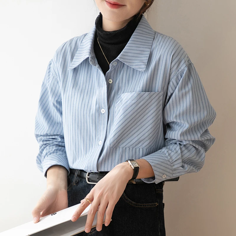 Spring Autumn Stripe Long Shirt Blouse Loose Long sleeved Top Fashion OL Work Shirt