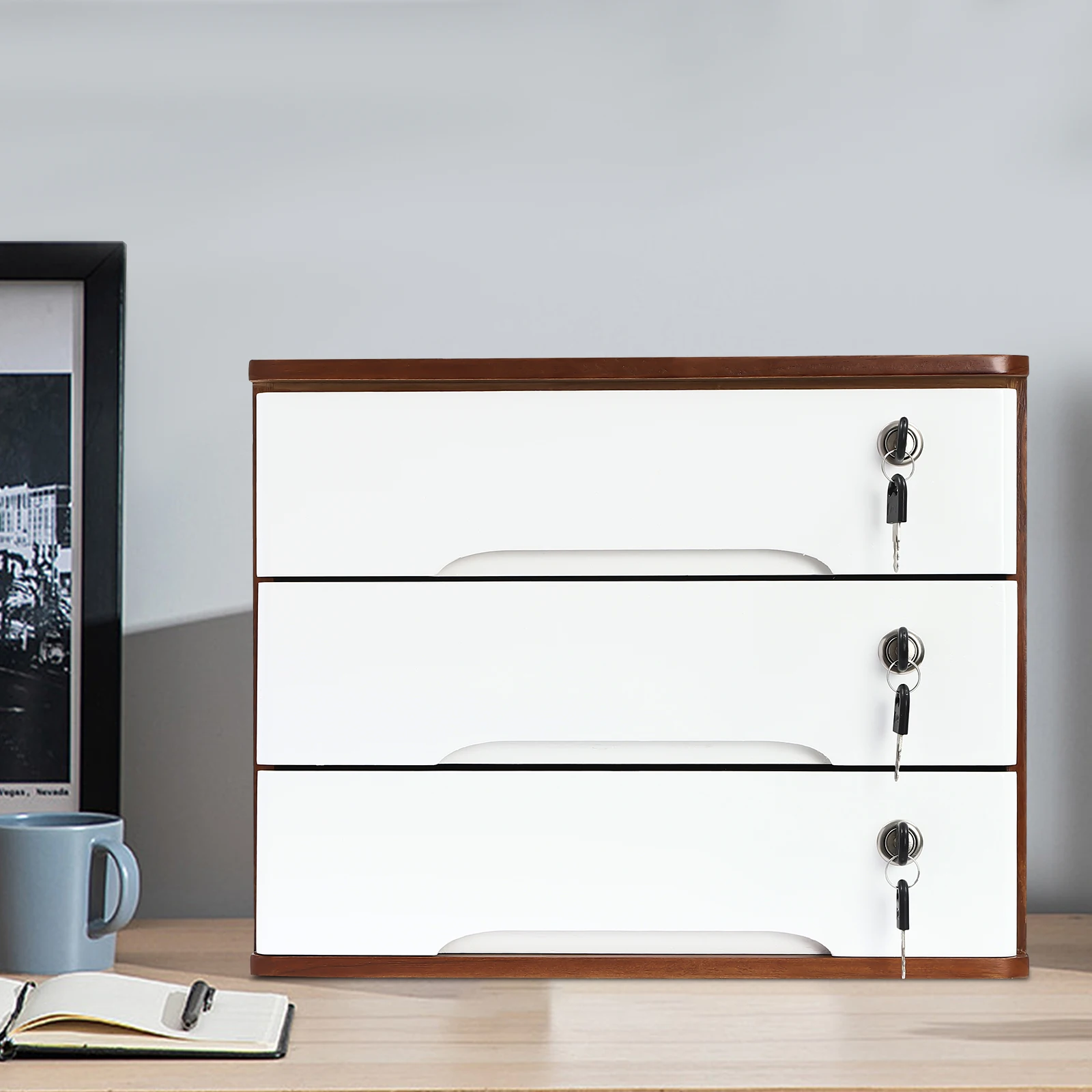 

3-Layer Locked Cabinet - Walnut + White For Home Living Room To Store