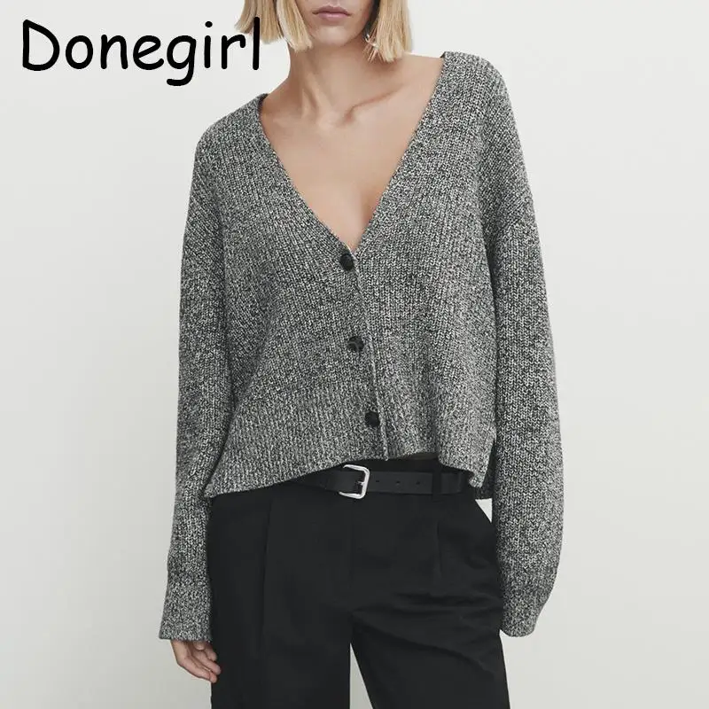 

Donegirl 2023 Autumn New Woman Loose Single-breasted V-neck Knitted Sweater Cardigan Coat Simple Casual Commute Tops Female Chic