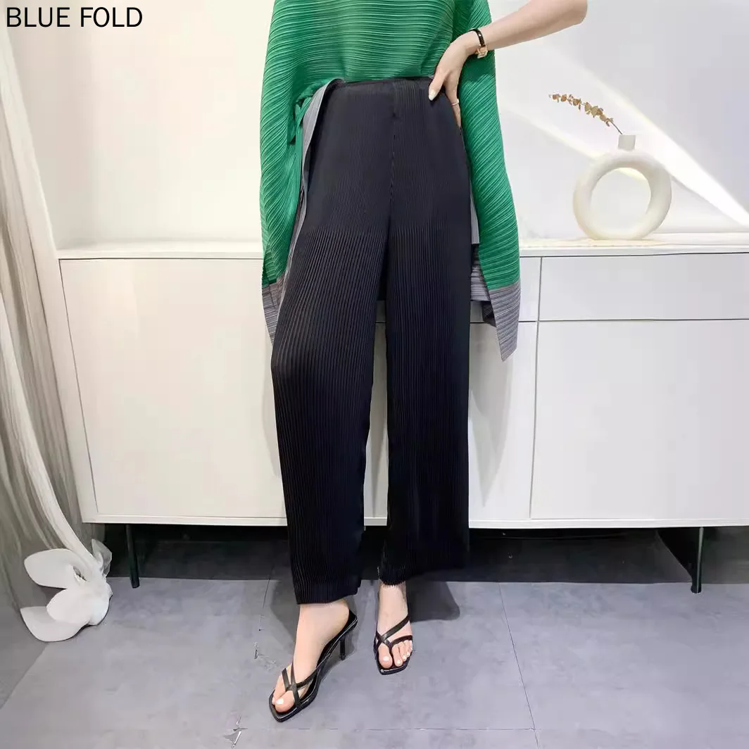 MIYAKE-Pleated Straight Pants for Women, Comfortable and Casual Trousers, High Waisted, Toothpick, Summer