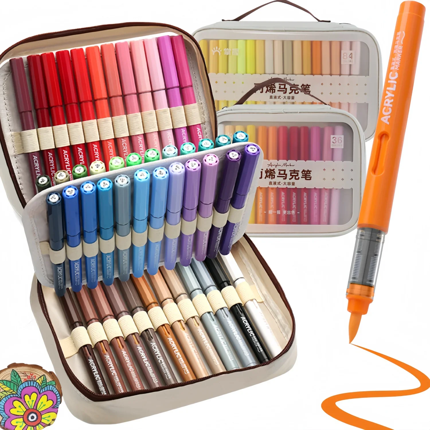Premium Acrylic Paint Markers, Auto Liquid Ink, 24/36/48/60/84 Colors Non-Toxic Acrylic Pens, Soft Brush Tip, Portable storage