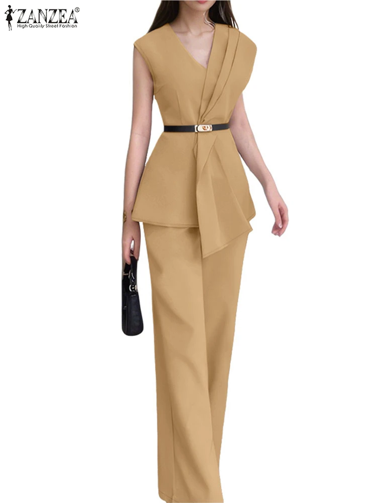 

ZANZEA Women Wide Leg Pants 2 Piece Sets Fashion Asymmetrical Hem Pleated Tank Tops 2025 Summer Office 2pcs Suits Chic Pant Sets