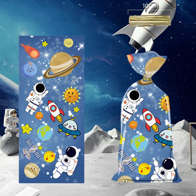 50pcs Cartoon Outer Space Astronaut Theme Party Gift Packing Bag Candy Cake Pouch Bag for Happy Birthday Party Favors Bag