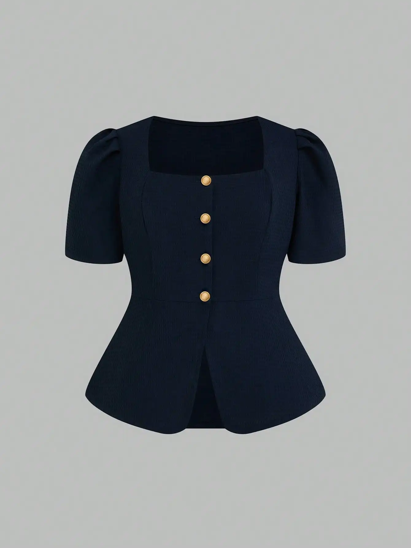 

Elegant Waffle Fabric Short Sleeve Blouse Women Square Neck Puff Sleeve Peplum Top