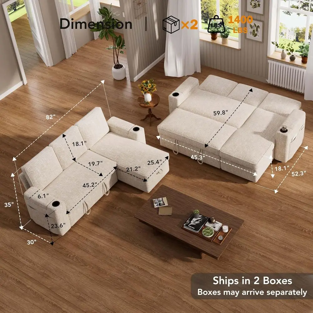 Sleeper Soa ed, 82Pull Out Couch with Reclining ackrest/Reversile StoraChai, 3 in 1 L-Shaped Couch with Armrest Stora| Cup Holde