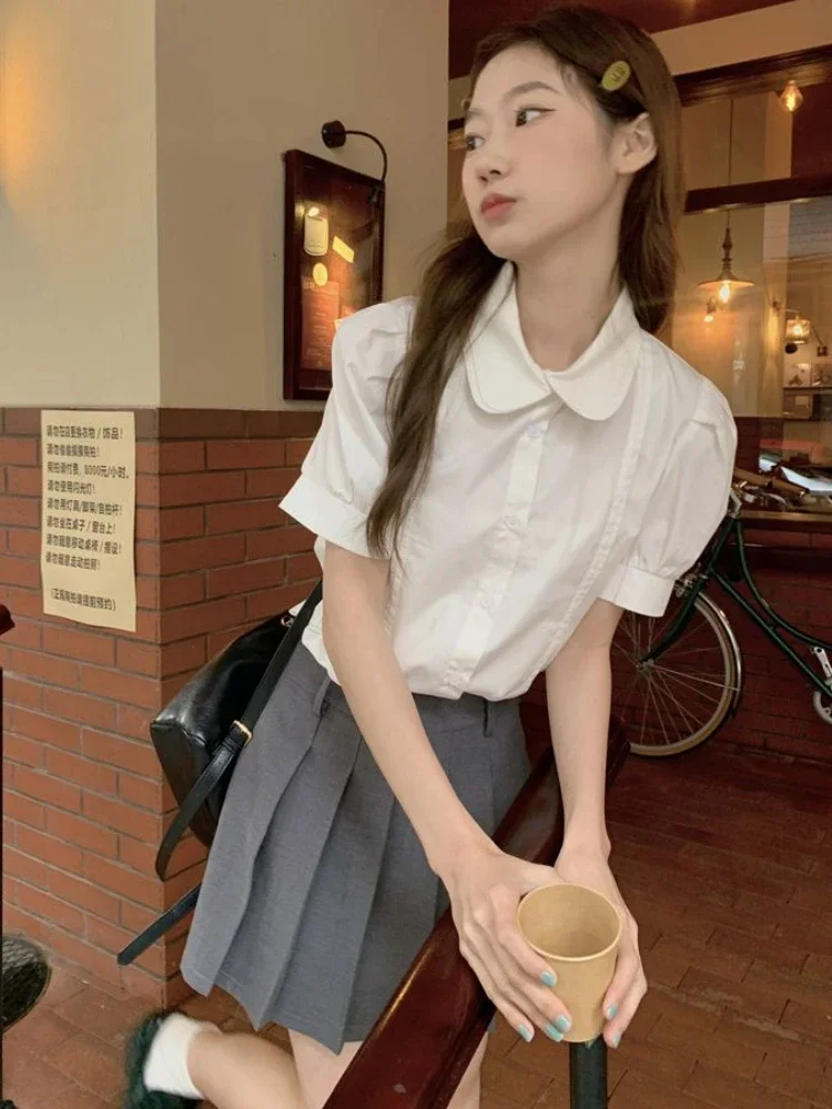 White Shirts Women Preppy Style Korean Fashion Casual Loose Summer Sweet Girls Chic Temperament All-match Minimalist Puff Sleeve