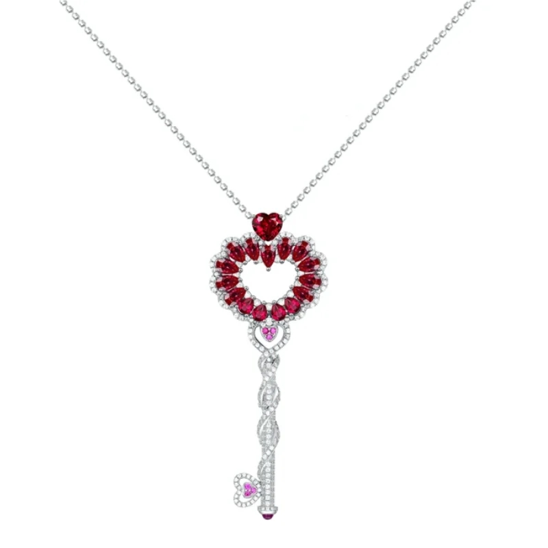 

BELLUX Pendant 925 Silver Synthetic Zircon Pigeon Blood Red Ruby Classic Key Design Heart Full Diamond Light Luxury Necklace