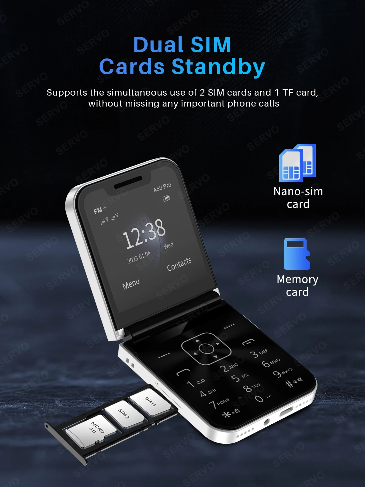 SERVO A50 PRO Foldable Mobile Phone Dual SIM Standby Call Recording Speed Dial Blacklist FM Radio 2G GSM Button Flip Cellphones