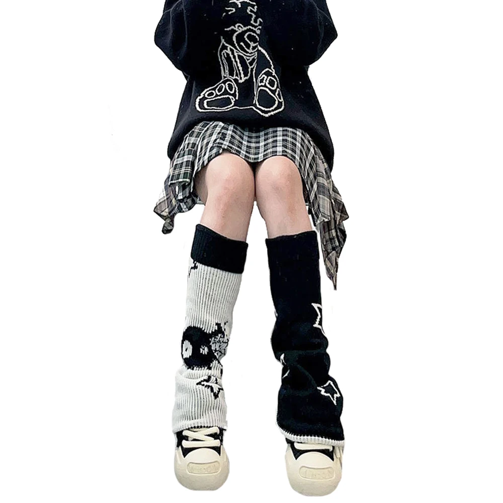 

Y2K Punk Knitted Leg Warmers Wide Leg Covers Asymmetrical Skeleton Star Warm Double Side Gothic Leg Warmers Pile Warmers JK Sock