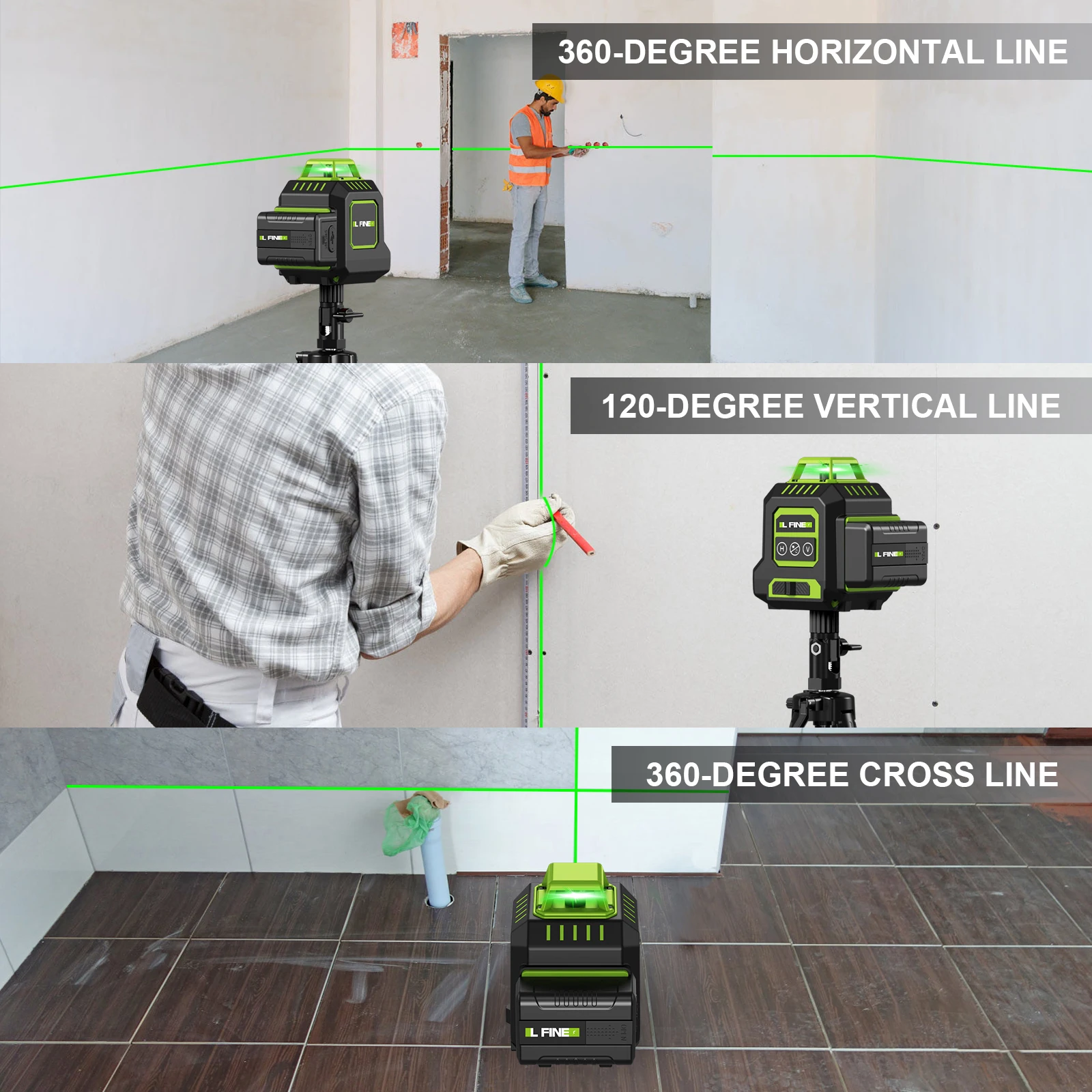 LFINE 5 Lines Professional Laser Level automatic 360° Self-Leveling Green Cross Line Laser with Horizontal Vertical Beam Tools