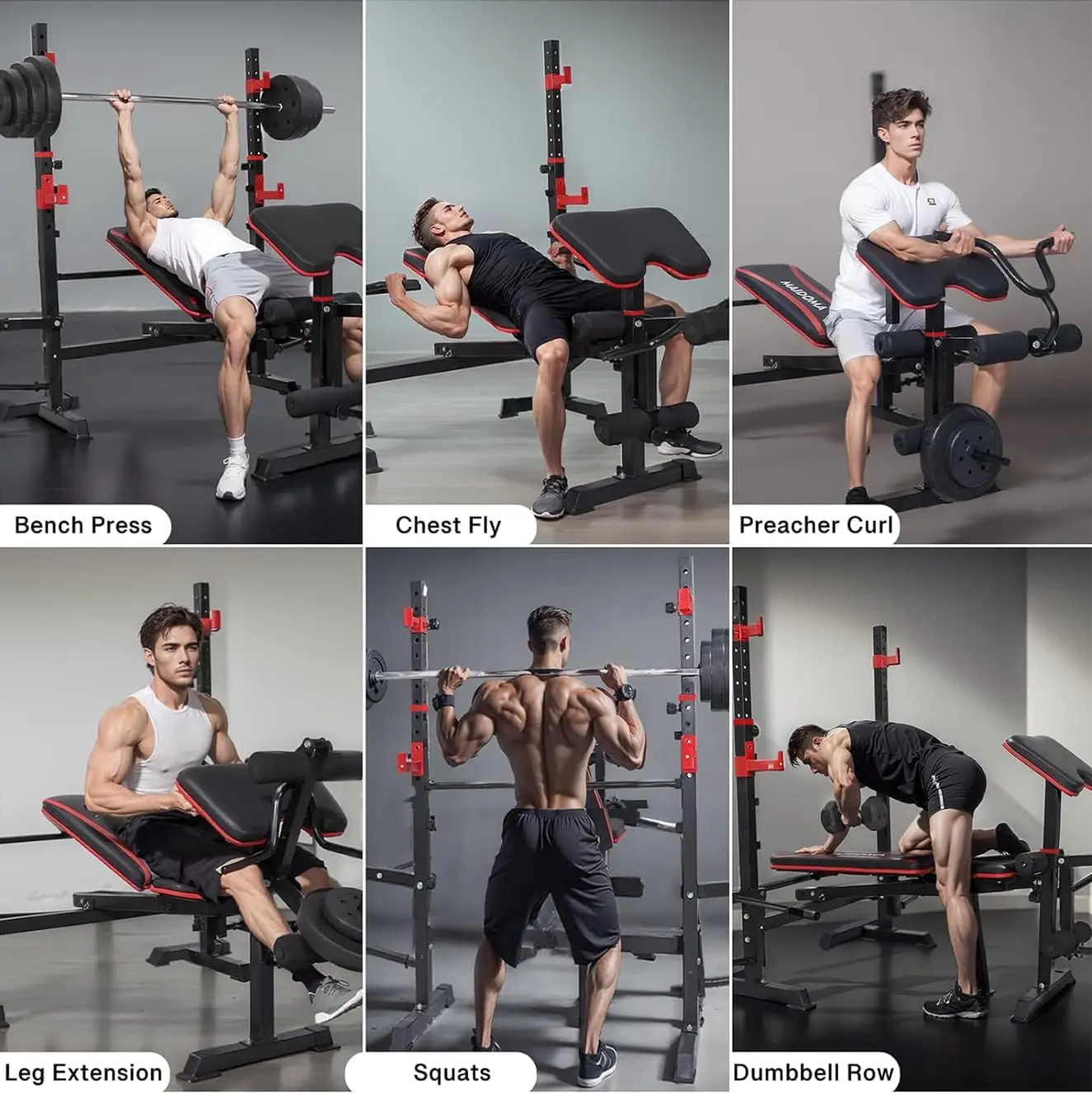 6 in 1 Weight Bench Set with Leg Extension/Curl and Preacher Curl, Bench Press Set and Squat Rack with Safety Bar Catche