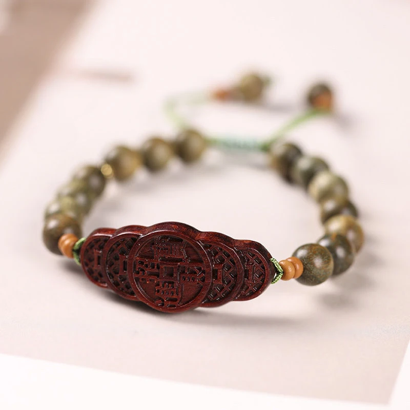 Original Antiquity Fresh Costustoot Green Sandalwood Beads Lucky Hand Card Birth Year Female Adjustable Single Ring Bracelet