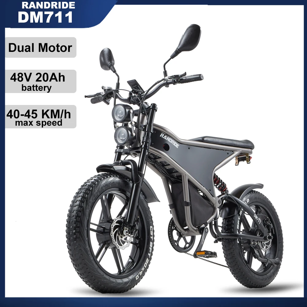 

RANDRIDE Electric Bike DM711 1000W *2 Motor 20" Fat tire 48V 20AH Battery Disc Brake 7 Speed For Adult Mountain Bicycle