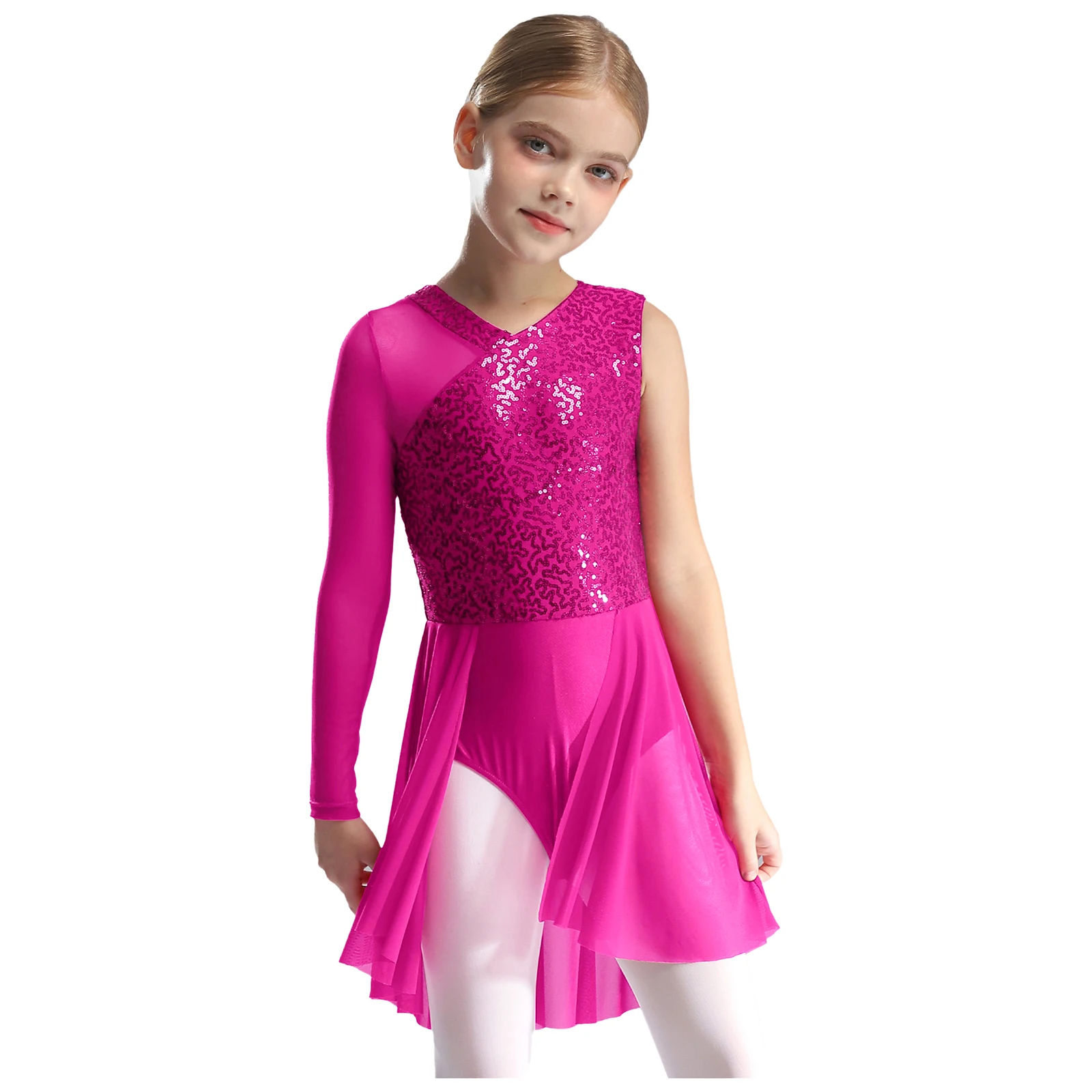 

Kids Girls Ballet Lyrical Dance Dress Sheer Mesh Sparkly Sequins Long Sleeve Skirted Gymnastics Leotards Modern Dance Costumes