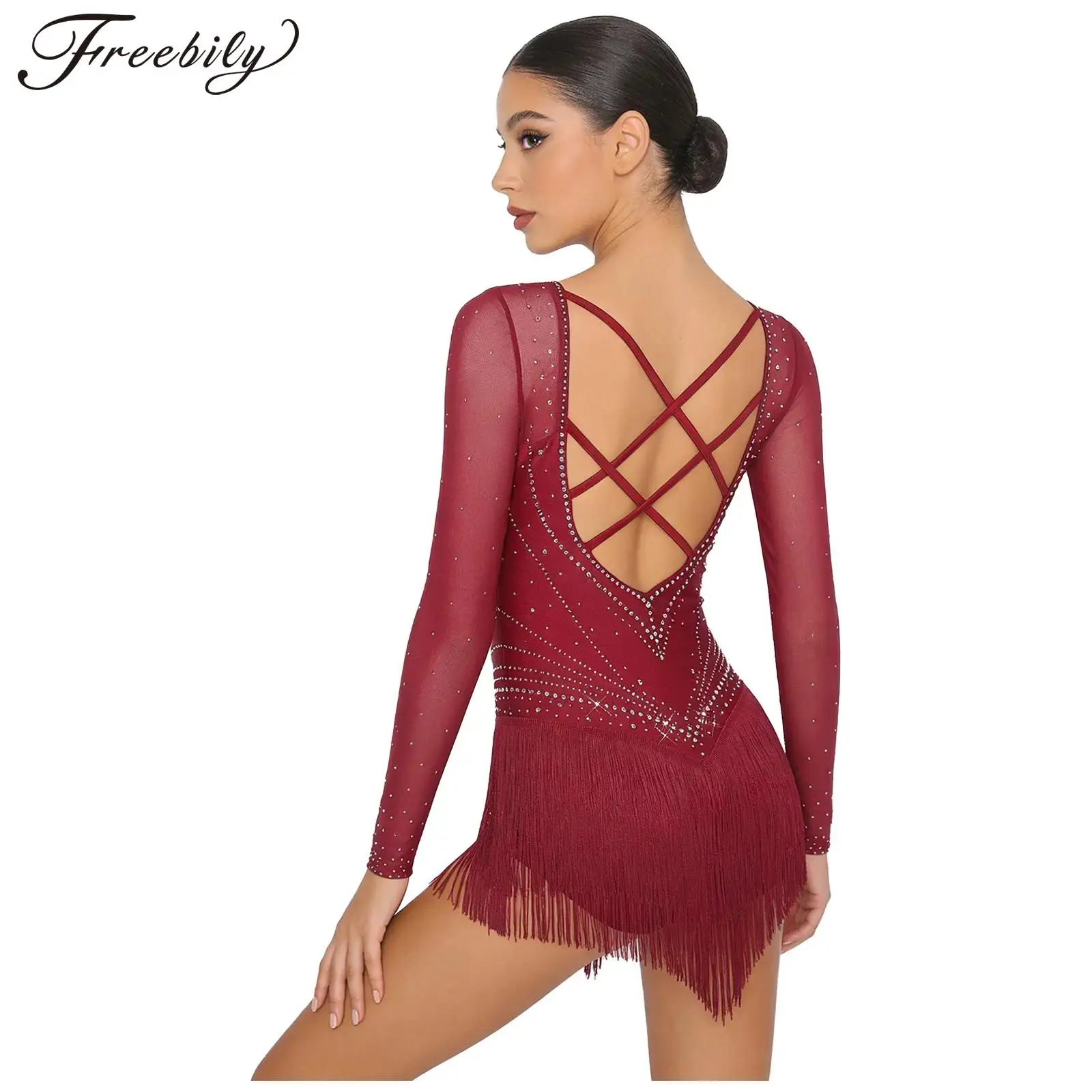 

Женский костюм для латинских танцев, боди со стразами и бахромой по краю, наряд для соревнований, для фигурного катания, танго, румбы