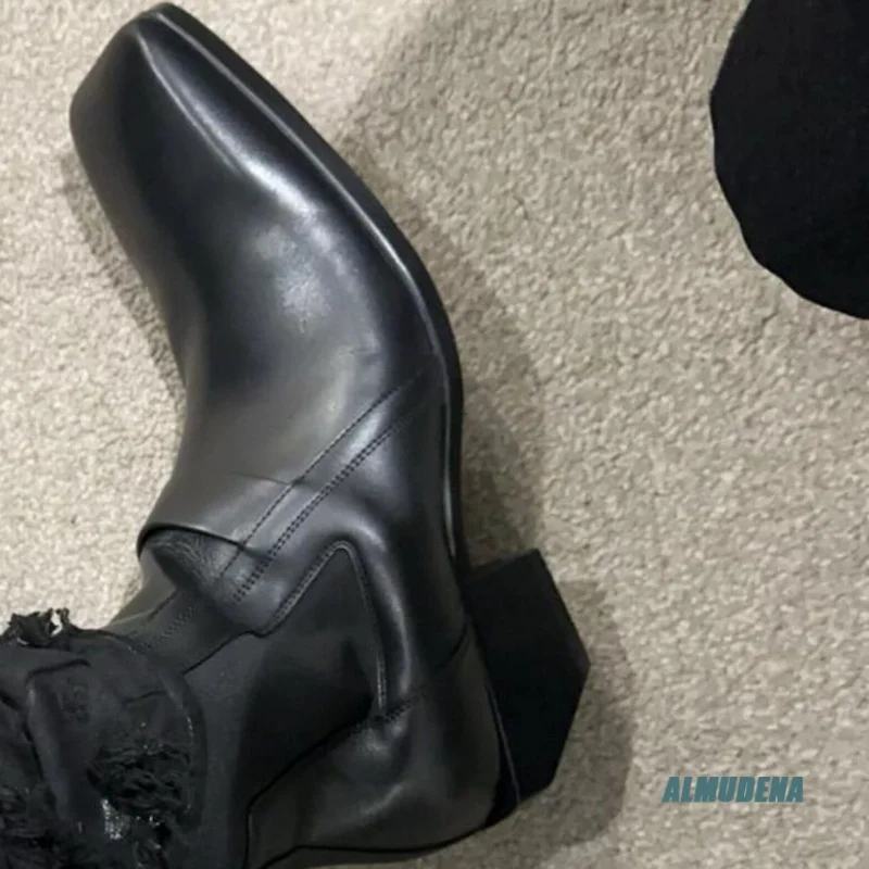 Square Toe Men's Black Leather Chelsea Boots Elastic Side Block Heel Classic Casual Business Formal Daily Commute Shoes view 3
