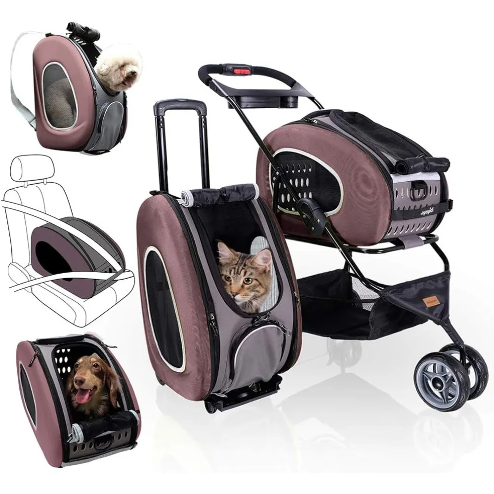 

Compact 5-in-1 Convertible and Foldable Small Pet Carrier and Strollers - Multifunctional Combo System Cat Stroller