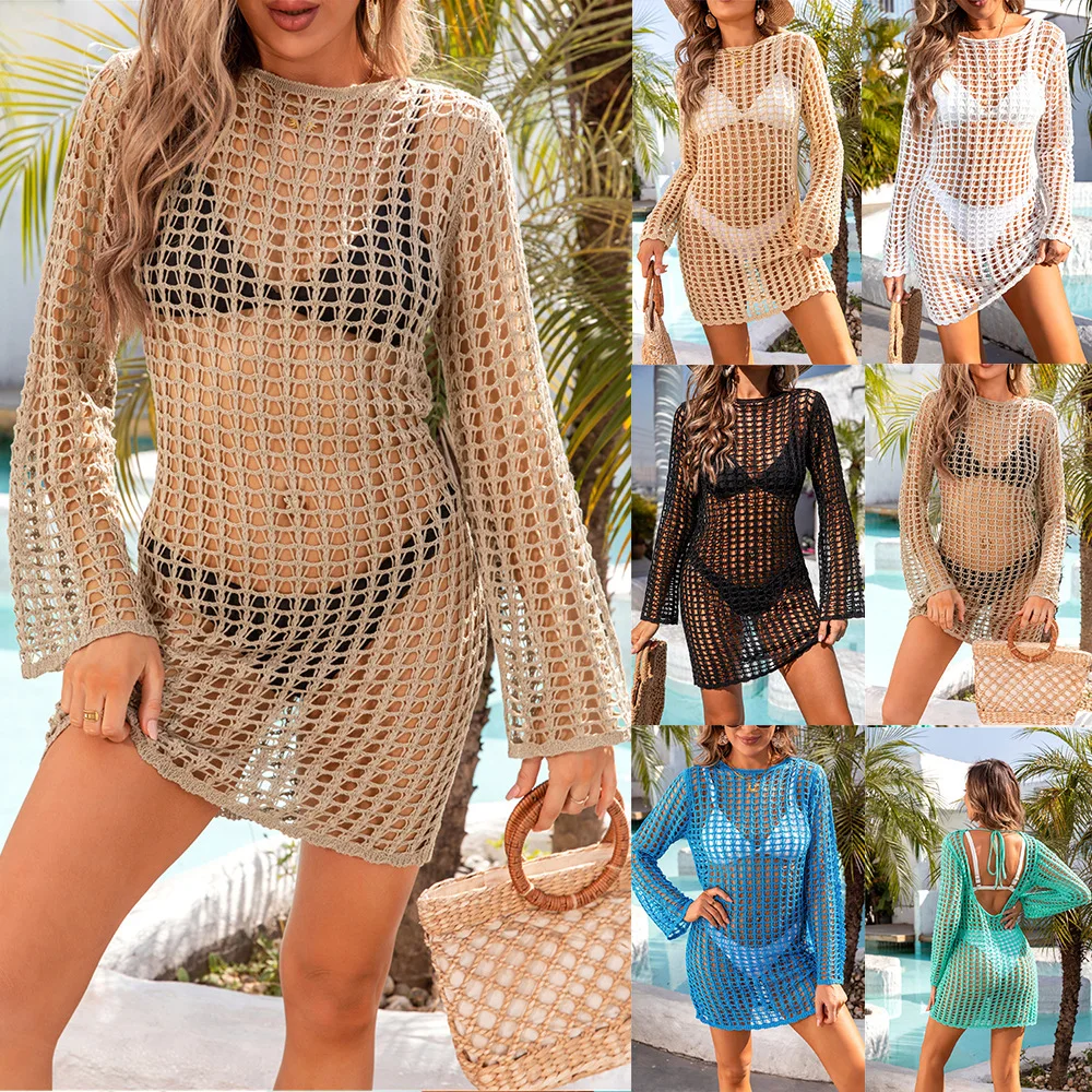 

2026 spring and summer new hollow out mid length backless beach vacation shirt, beach sun protection plus size cover shirt