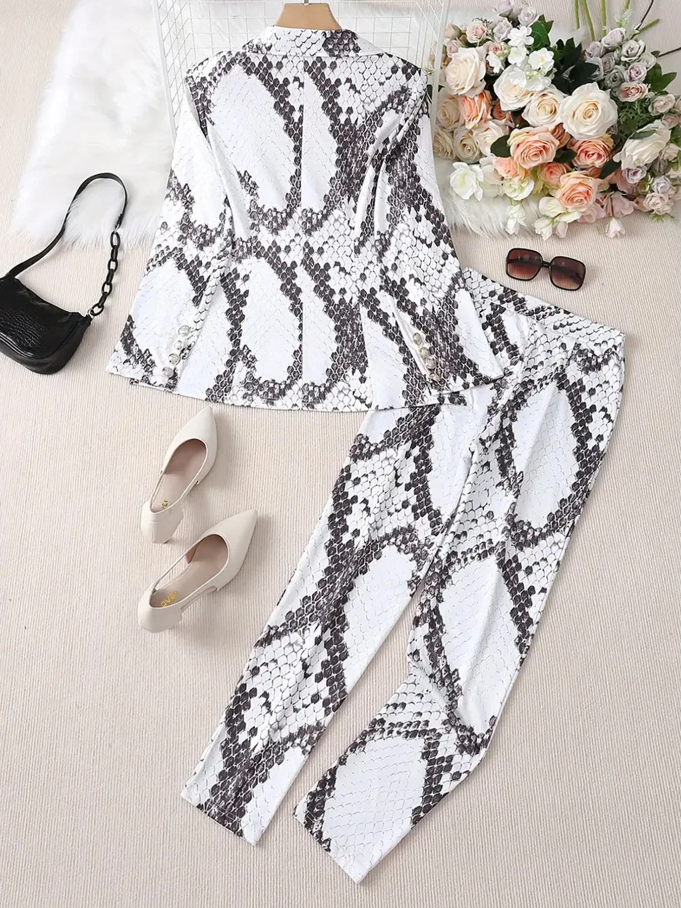 Modischer, langärmliger, lässiger Mini-Anzug mit Schlangenmuster und Hose, stilvoll gemustert, Freizeitkleidung, Business-Casual-Outfit