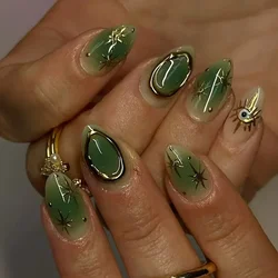 24Pc Green Cat Eye French Fake Nails with 3D Metal Line Sun Press on Nails Wearable Short Almond Artificial Nail Full Cover Nail