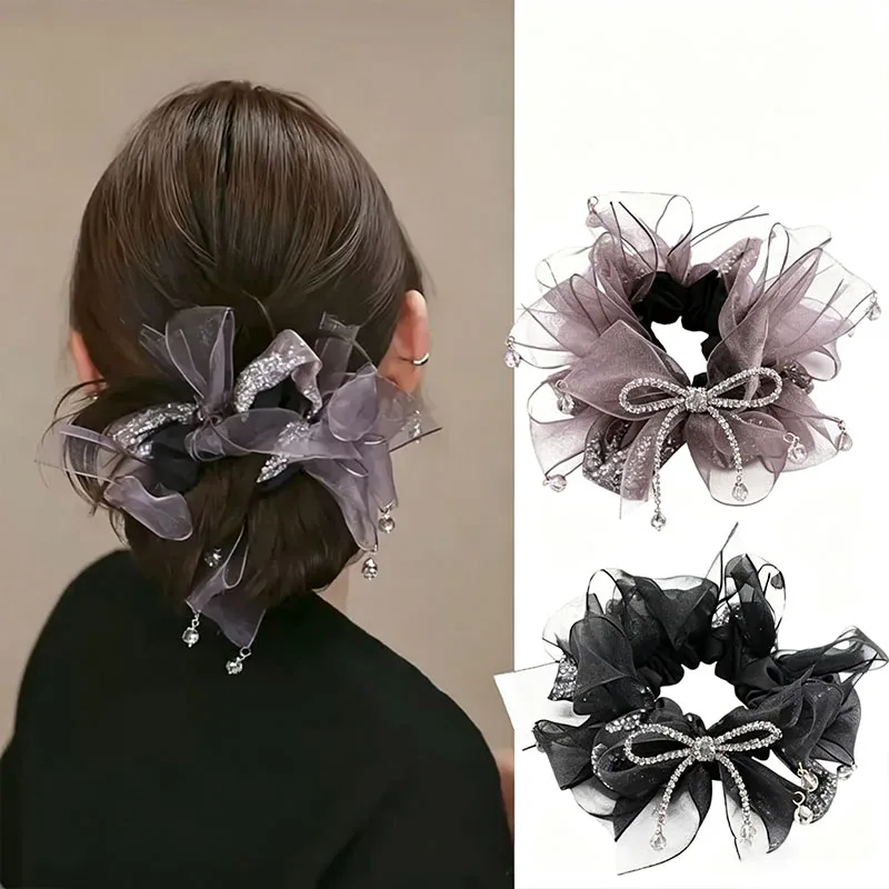 Luxuriöser Strass-Haargummi mit Schleife für Damen und Mädchen, süßer Haarschmuck, elastisches Haarband, Haargummi, Haarring, modisches Haar-Accessoire – Detail 1