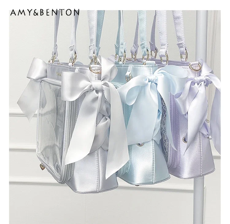 Sweet Cute Transparent Lolita Crossbody Bag Satin Lace Bow Double Layer Large Capacity Square Bag Preppy Style Kawaii Handbags