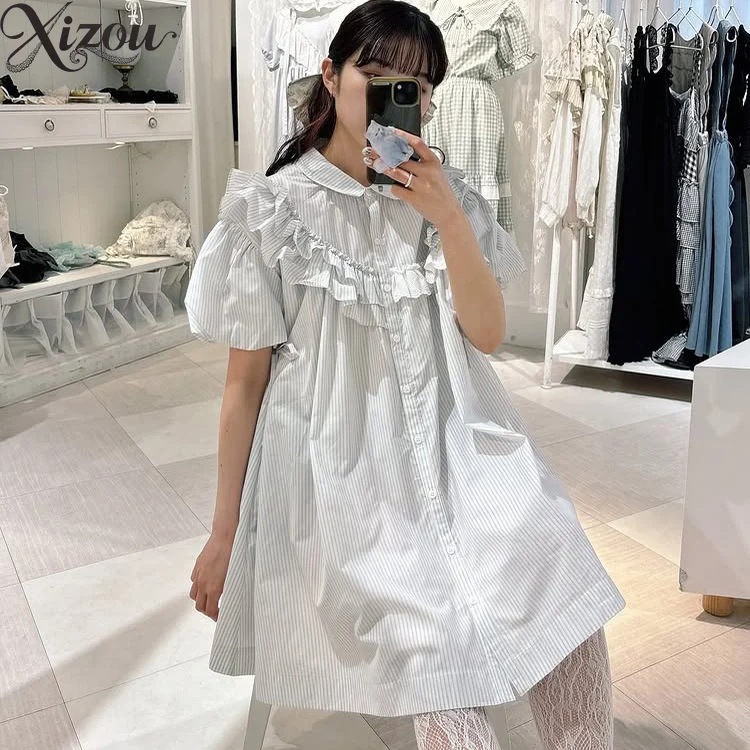 일본식 가슴 프릴 신선한 줄무늬 버드 짧은 소매 드레스 여성용 여름 허리 치핑 캐주얼 셔츠 드레스 Sweet