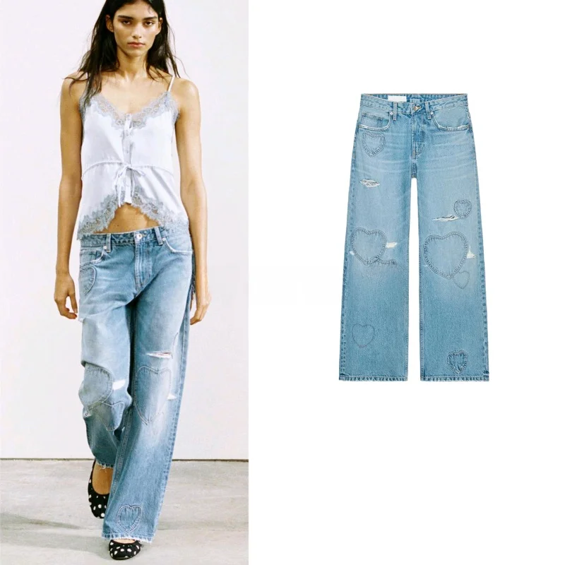 

Spring New Women's Long Waist Heart Patched Hole Decorative Boyfriend Sle Jeans Straight Leg Micro Stretch l Waist Po...