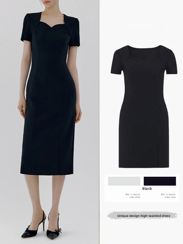 

Short Sleeve Slimming A-Line Dress High Waist Step-In Design Casual Pure Color Summer Fashion 2026 New Arrival Black Dress