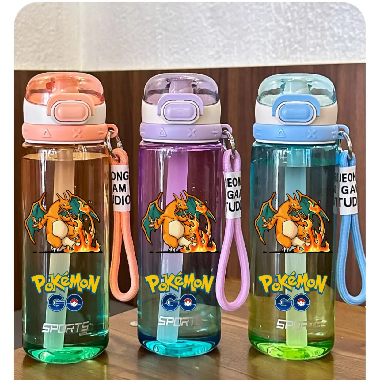 750ML Pokemon Water Cup Anime Portable Children\'s Pikachu Gengar Color Gradient Plastic Sports Large Capacity Water Bottle