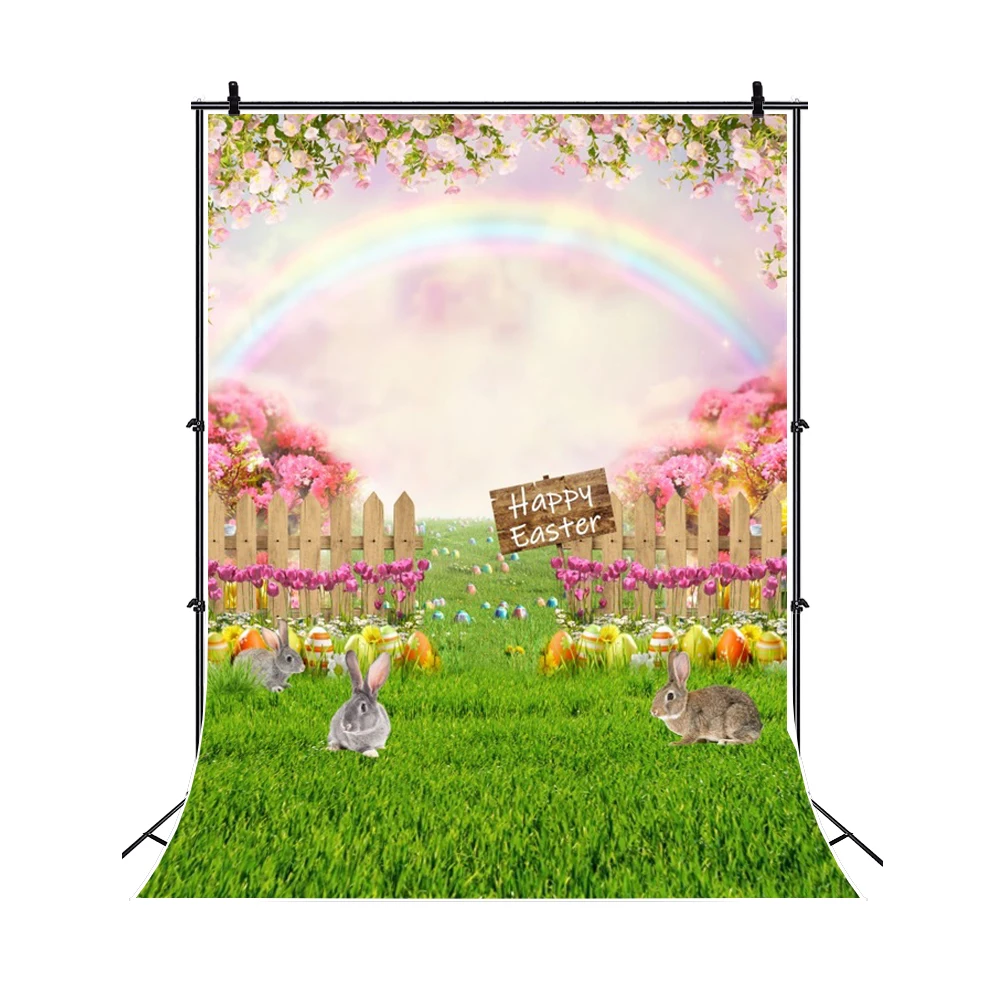 Happy Easter Photography Backdrop Spring Natural Landscape Green Grass Flowers Rabbit Eggs Kids Birthday Party Decor Background