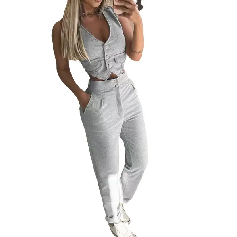 Set Dua Potong Atasan Rompi Kancing Sebaris Tanpa Lengan Leher V Wanita Set Celana Panjang Lurus Kasual Sambungan Reguler Musim Gugur 2025