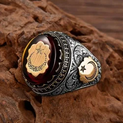 Male Ring Personality Hand Engraved Pattern Handmade Lustrous Vintage Red Stone Turkish Signet Ring Finger Jewelry Accessory 