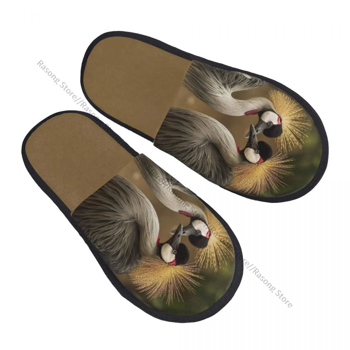 Winter Women Men Non-Slip Flat Slippers Grey Crowned Cranes Indoor Fur Soft Warm Shoes