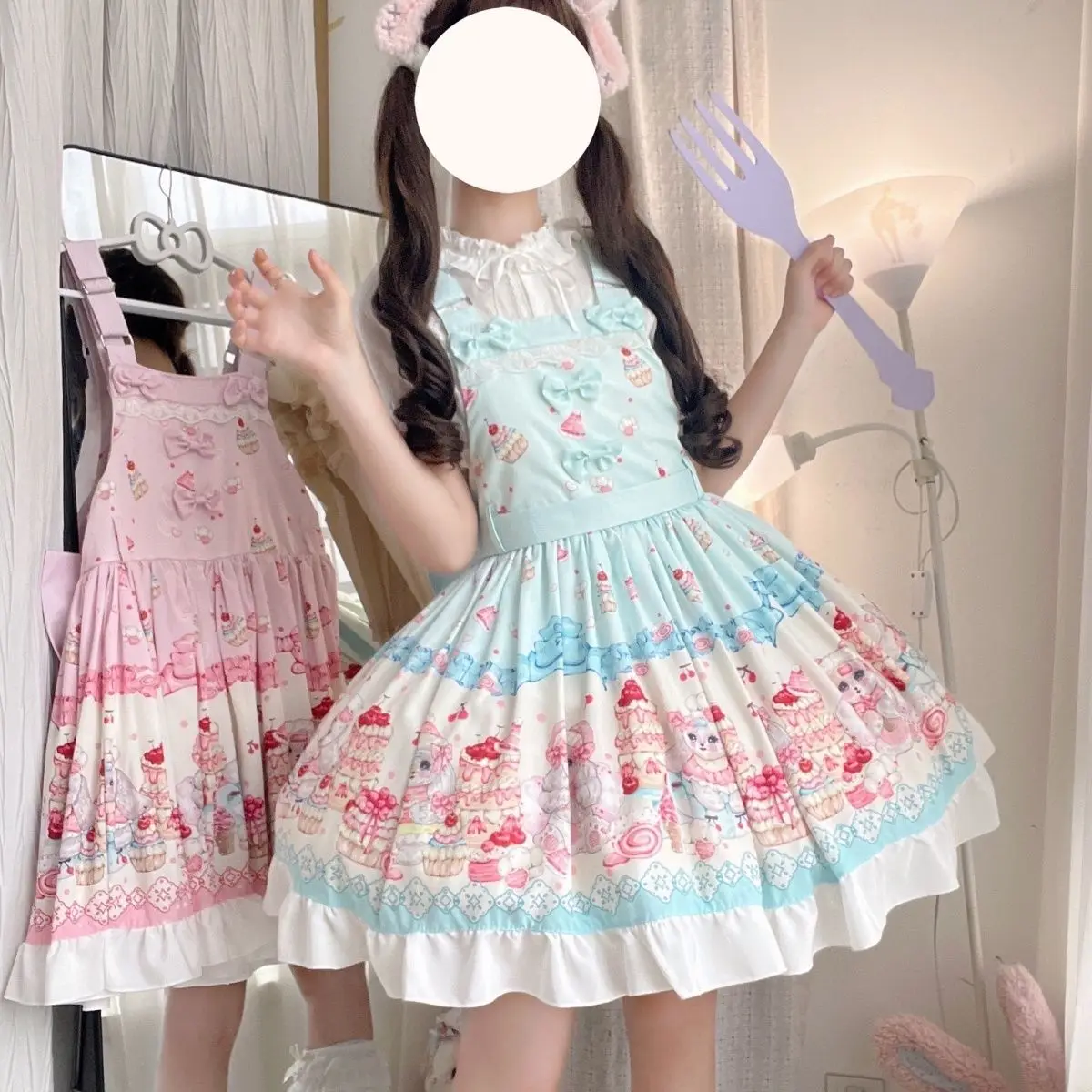 Bubu cake Lolita [Furry Wang Party] original genuine cute sweet strap lolita skirt  white dress women view 5