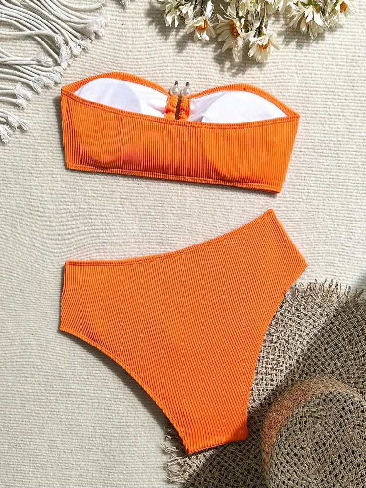 2025 Nowy Damski Seksowny Pomarańczowy Bandeau Metalowy U Drut Push Up Pas Wysoki Stan Bikini Dwuczęściowy Strój Kąpielowy Plaża Wakacje stroje plażowe