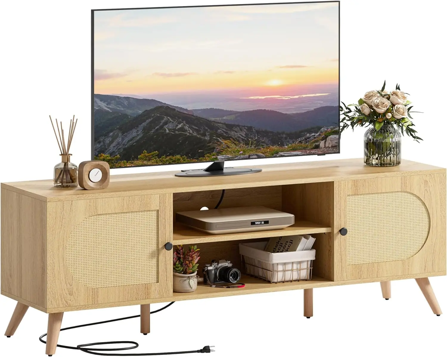 

TV Stand for 70 Inch, with Power Outlet, Entertainment Center with 2 Cabinets,TV Console with Adjustable Shelf,6 Solid Wood Feet