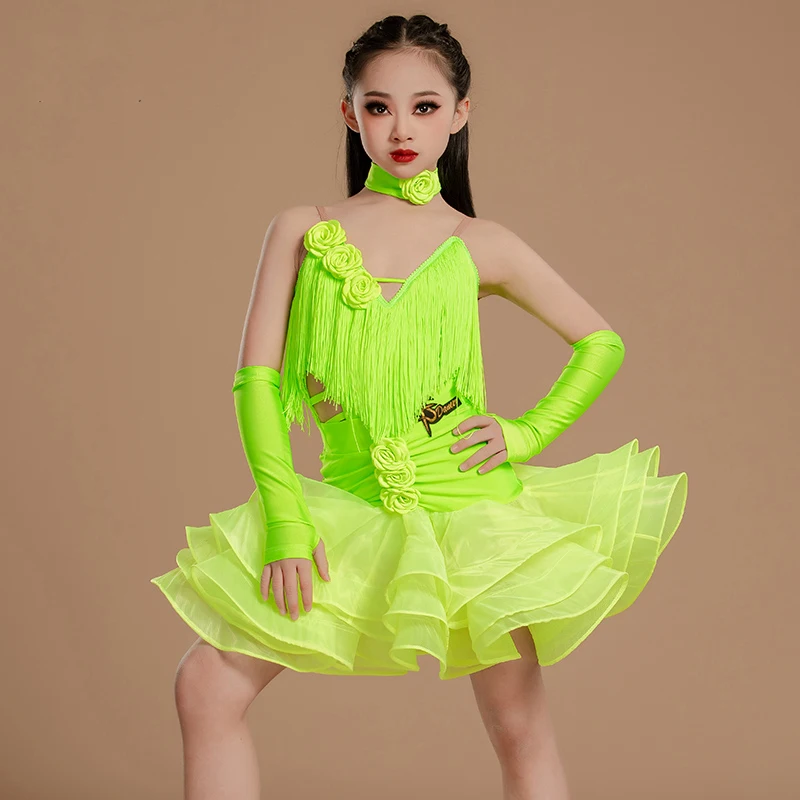 Ensemble de costume de performance à pompons pour enfants haut de gamme, costume d'entraînement pour filles de danse latine pour enfants