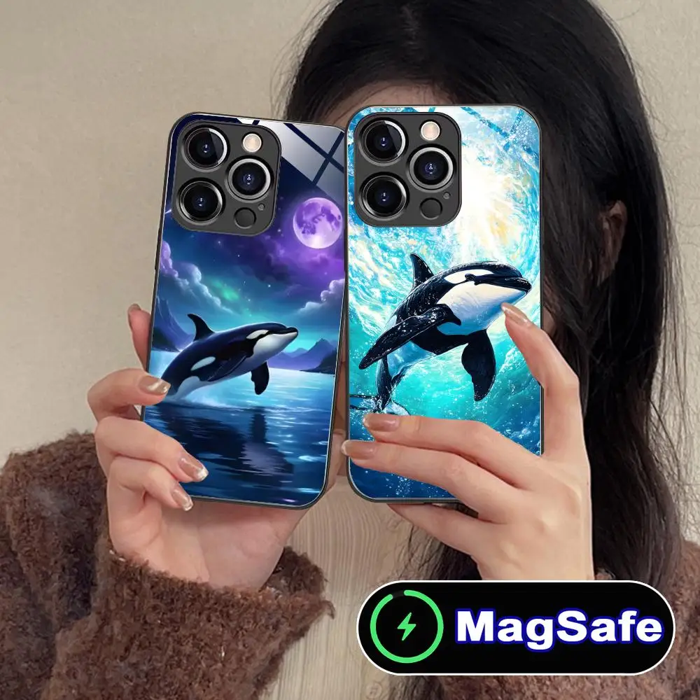 

Orcas Whale Mobile Phone Case for iPhone 16 15 14 13 12 11 Pro Max Plus Mini MagSafe Glass Colour Protective Pretty Cover