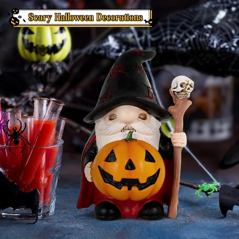 1 PC Halloween Dwarf with Skeleton Staff Figurines Resin Elf Craft Ornament Home Miniatures Festive Desk Decoration Unique Gift